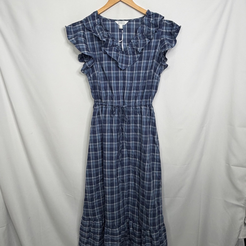 Market & Spruce Laysee Maxi Dress Blue Plaid Ruffle V-Neck Size L NWT - Picture 5 of 8
